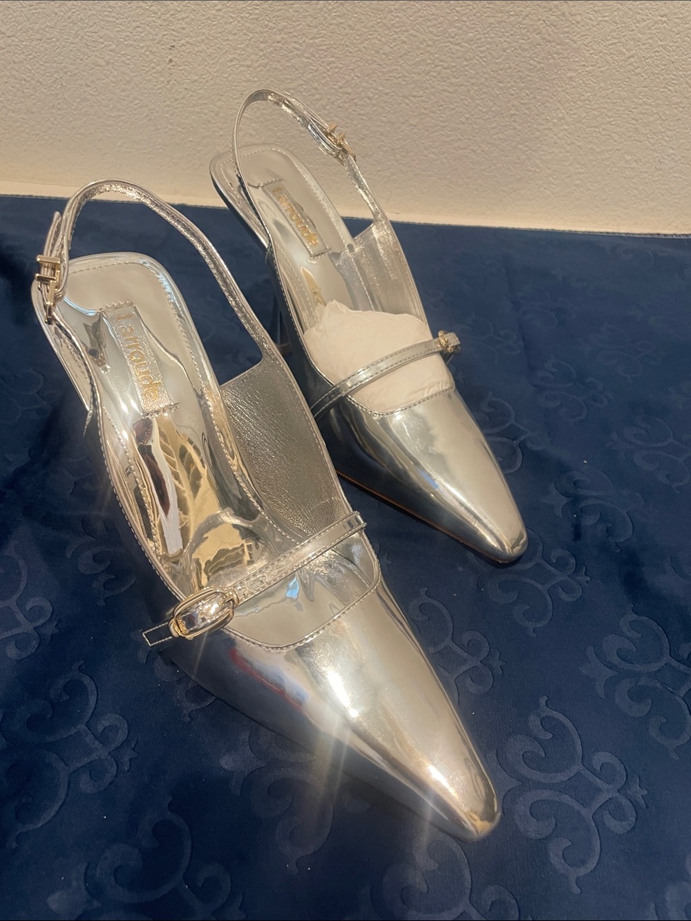 Larroude Metallic Silver Pointed Slingback Heels